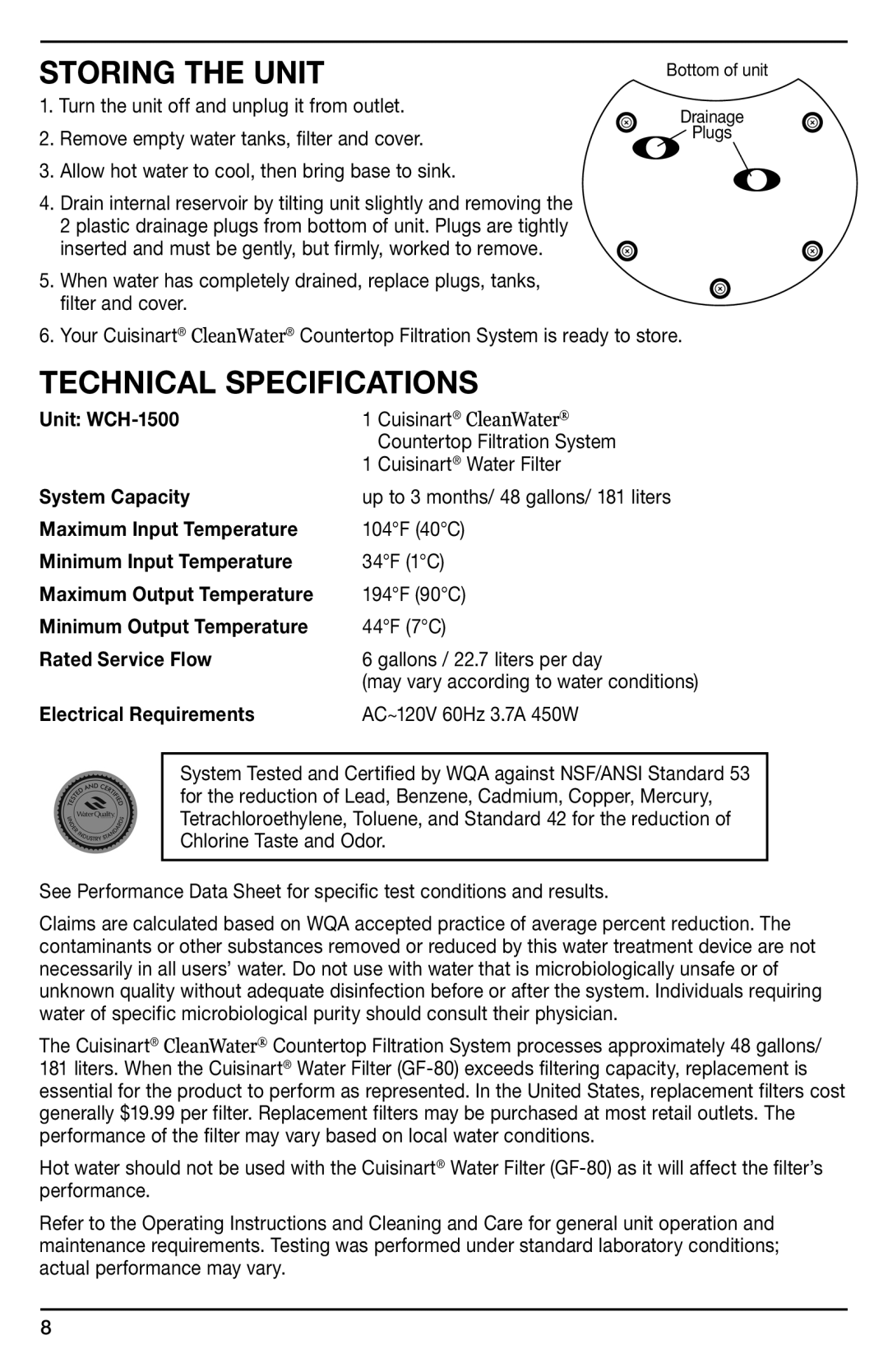 Cuisinart WCH-1500 manual Storing the unit, Technical specifications 