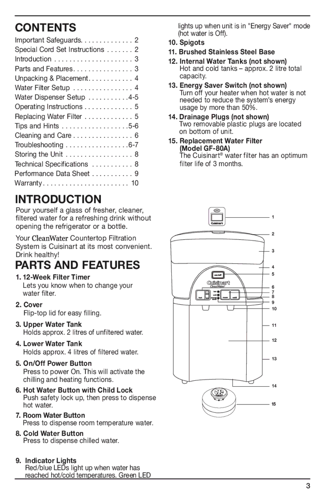 Cuisinart WCH-1500A manual Contents, Introduction, Parts and Features 