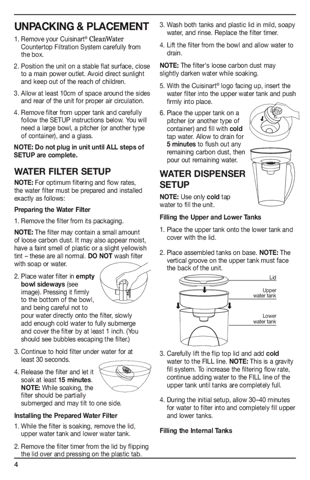 Cuisinart WCH-1500A Preparing the Water Filter, Installing the Prepared Water Filter, Filling the Upper and Lower Tanks 