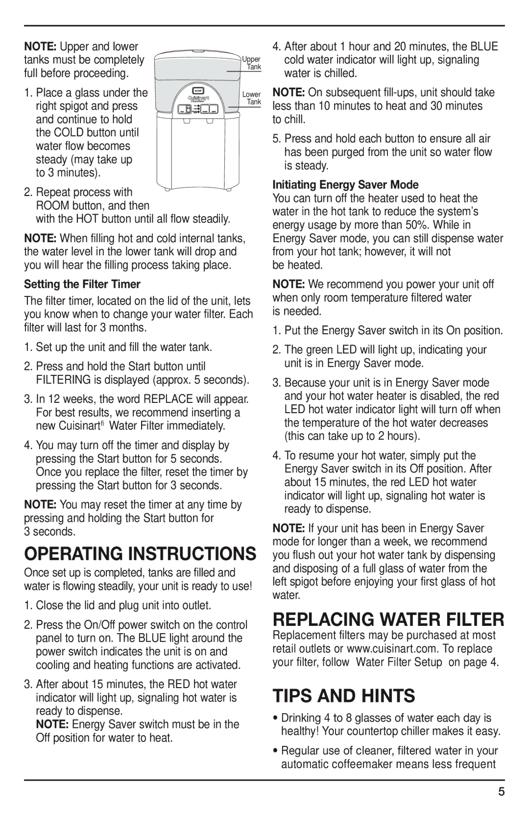 Cuisinart WCH-1500A manual Replacing Water Filter, Tips and Hints, Setting the Filter Timer, Initiating Energy Saver Mode 