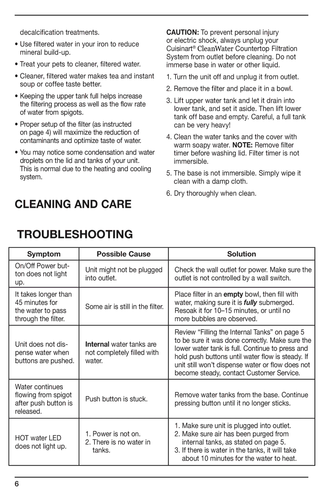 Cuisinart WCH-1500A manual Cleaning and care Troubleshooting, Symptom Possible Cause Solution 