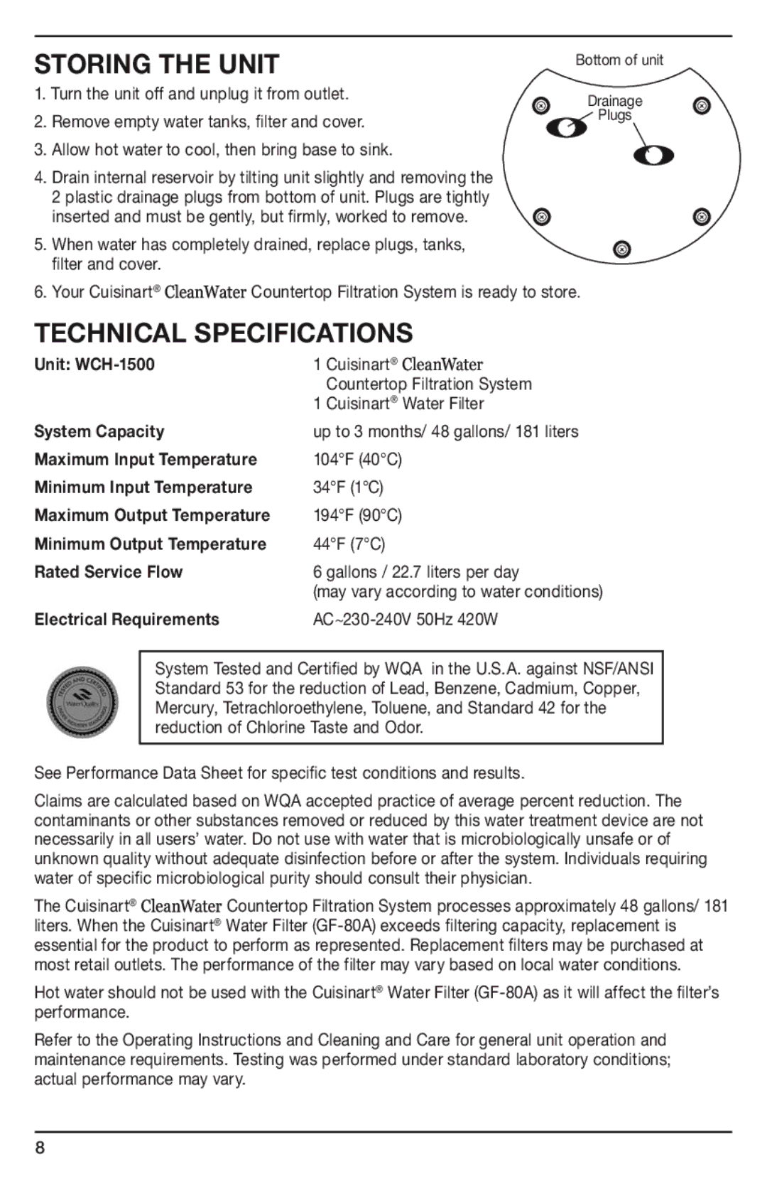 Cuisinart WCH-1500A manual Storing the unit, Technical specifications 