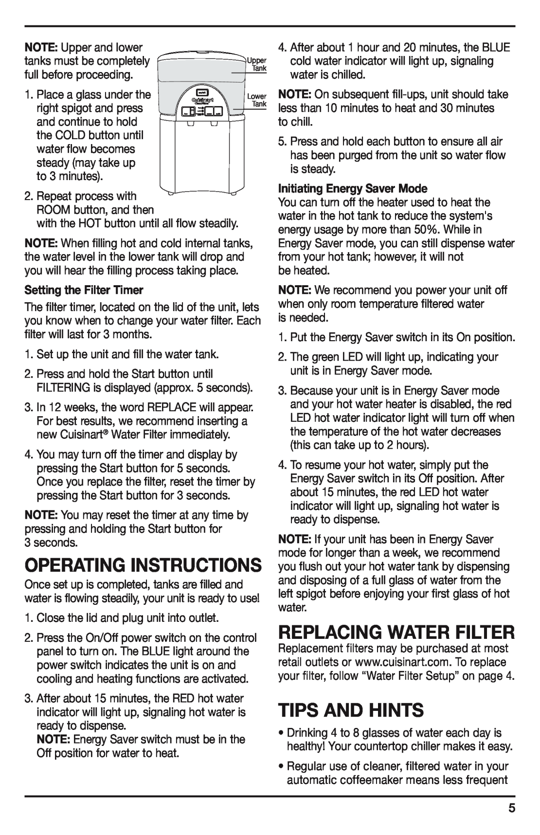 Cuisinart WCH-1500A manual Replacing Water Filter, Tips And Hints, Operating Instructions, Setting the Filter Timer 