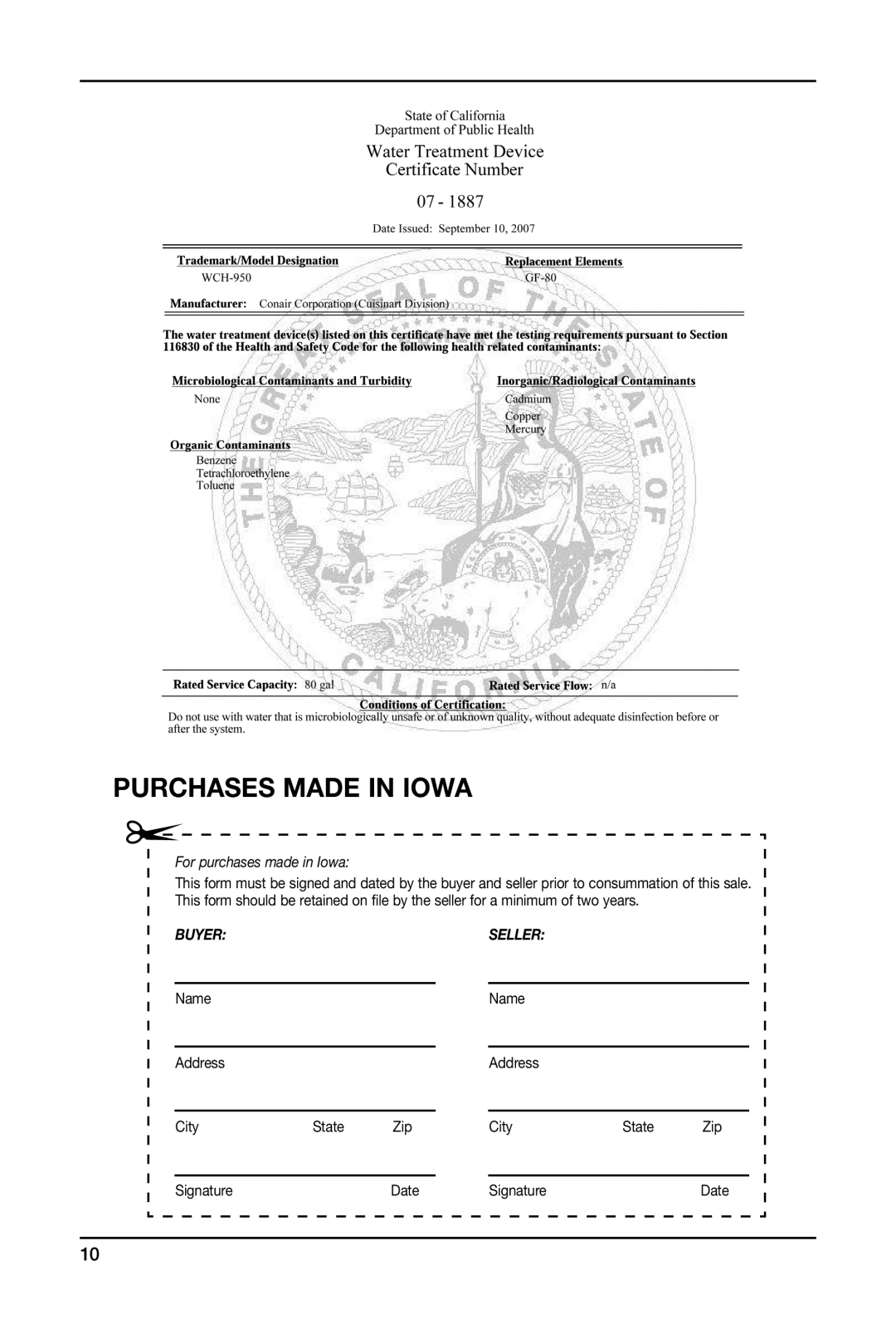 Cuisinart WCH-950 manual Purchases Made in Iowa 