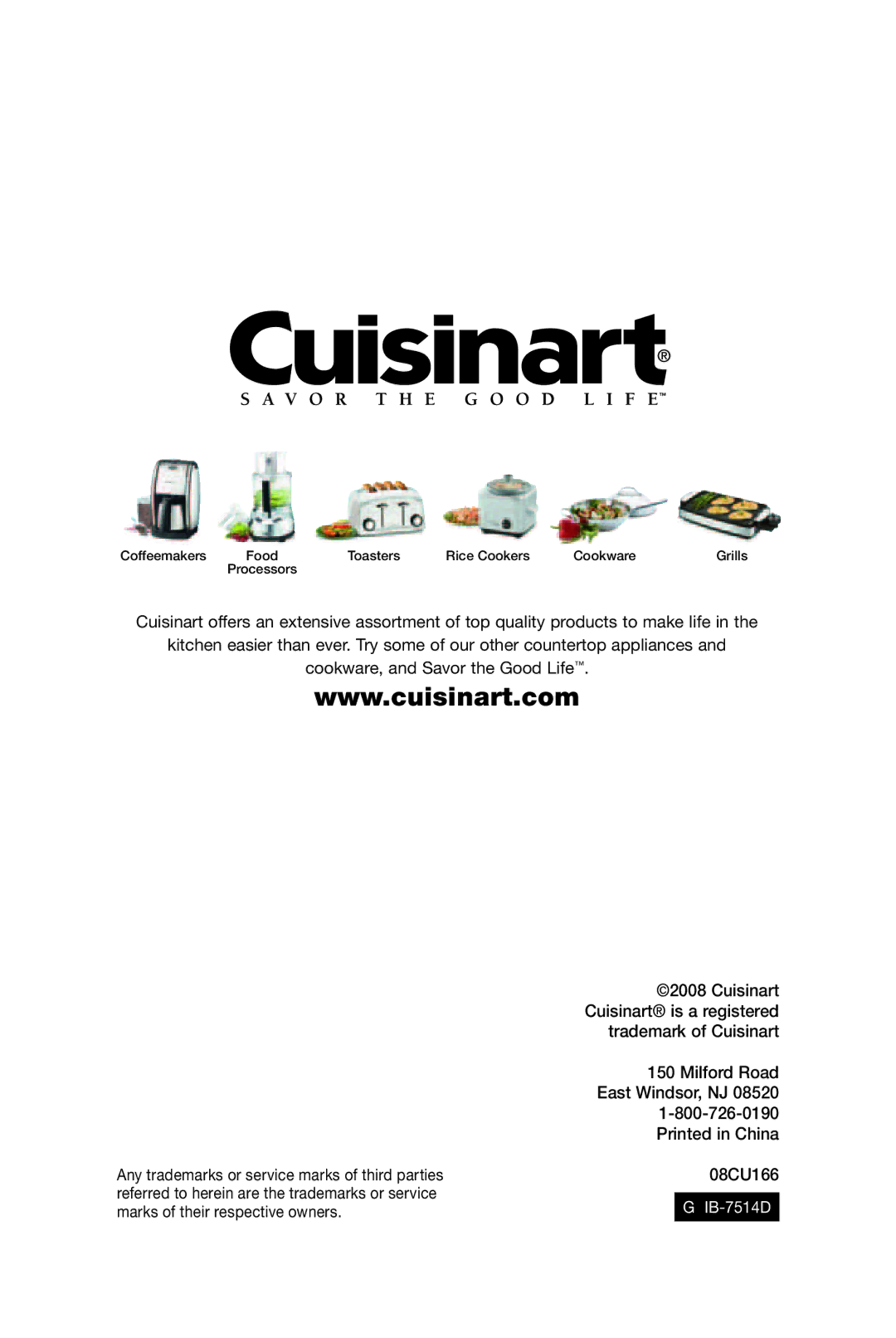 Cuisinart WCH-950 manual IB-7514D 