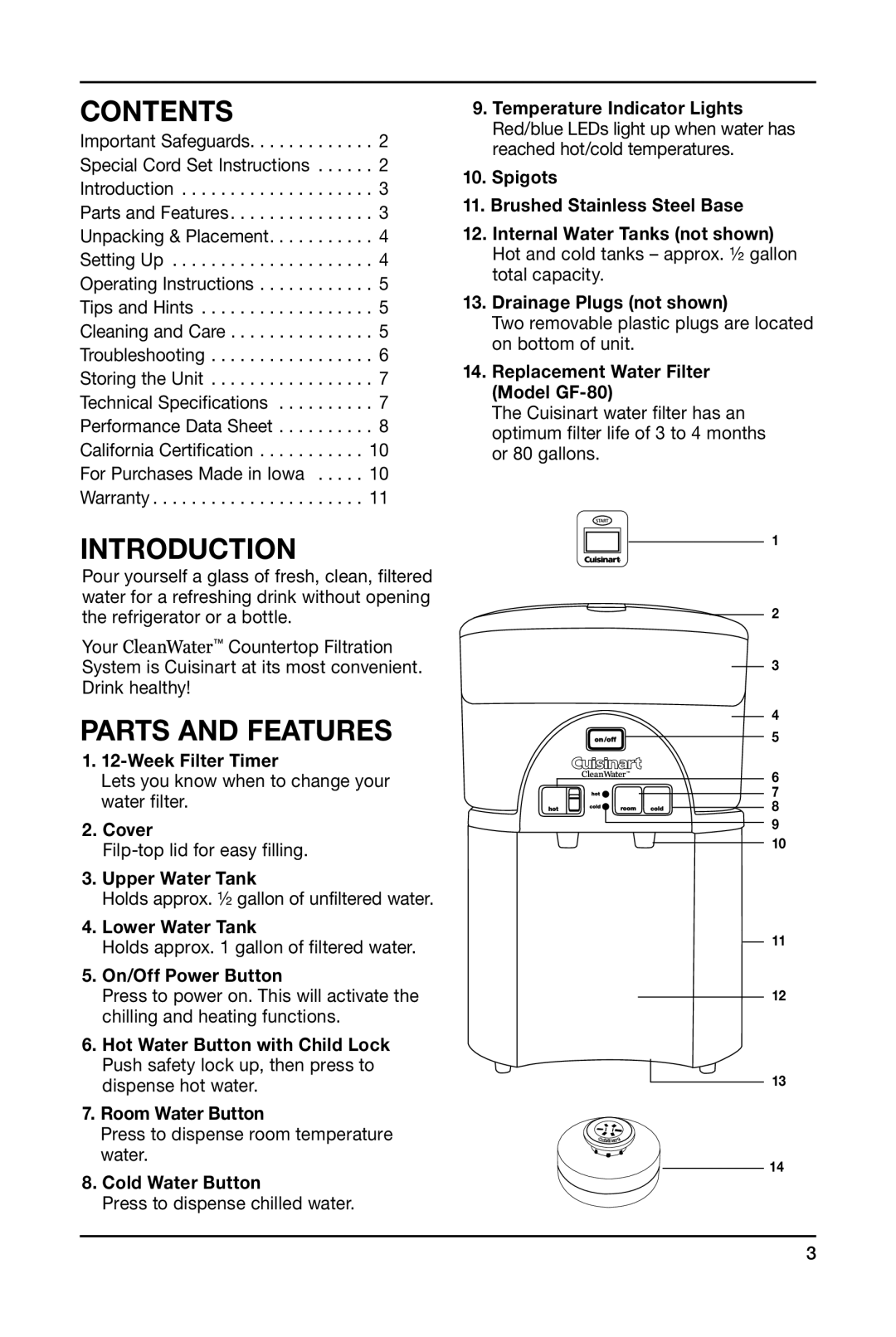 Cuisinart WCH-950 manual Contents, Introduction, Parts and Features 