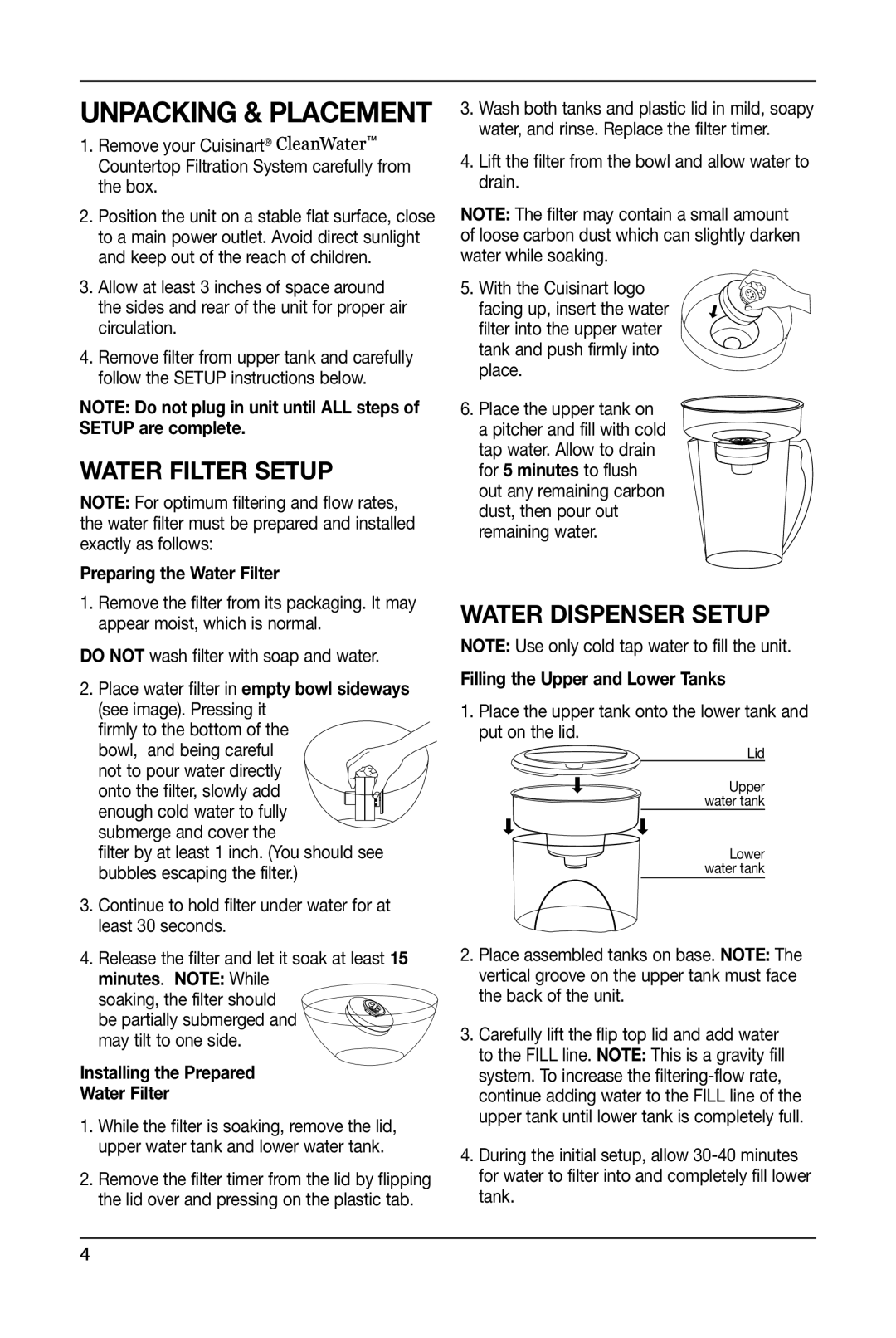 Cuisinart WCH-950 Preparing the Water Filter, Installing the Prepared Water Filter, Filling the Upper and Lower Tanks 