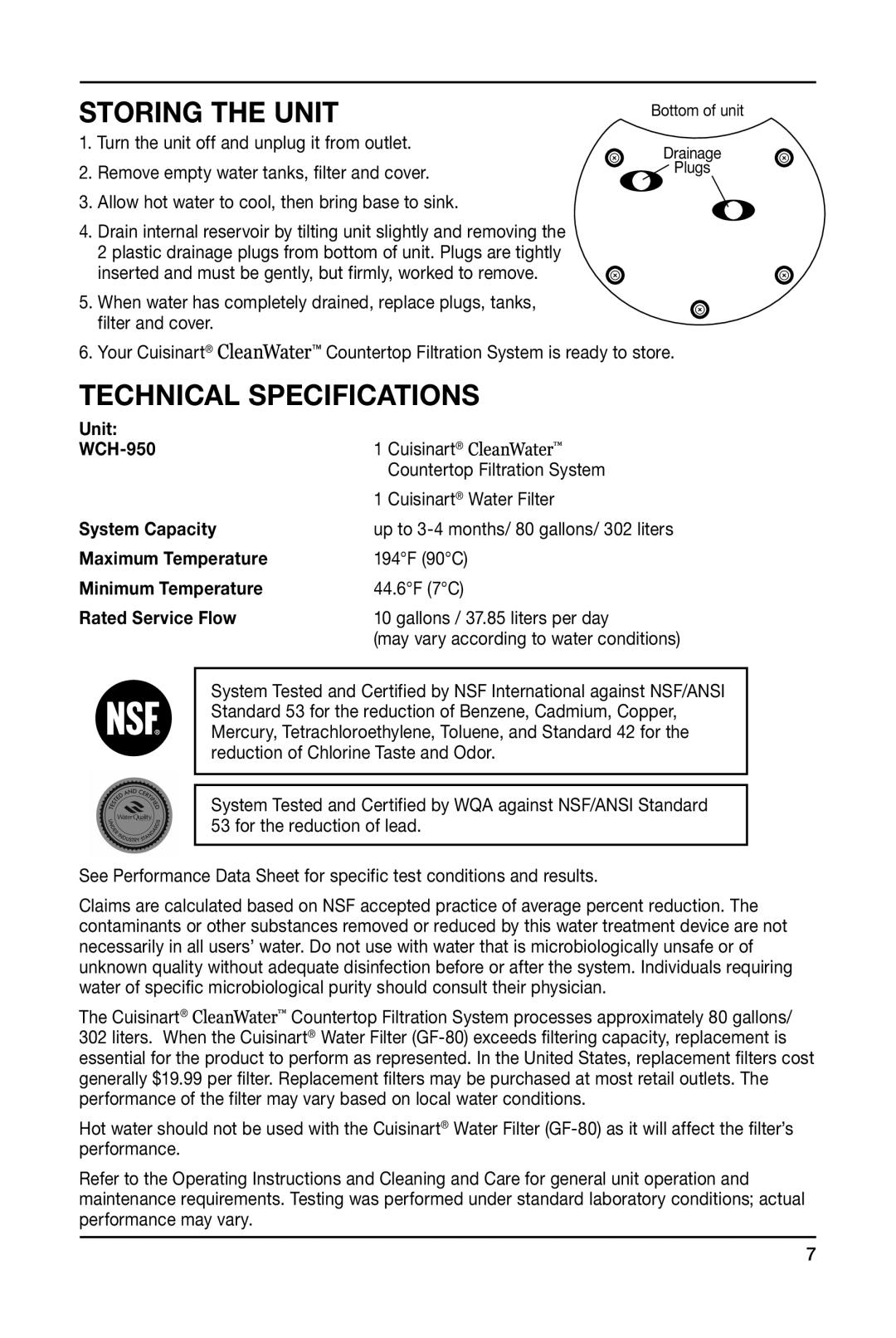 Cuisinart WCH-950 manual Storing the Unit, Technical Specifications 