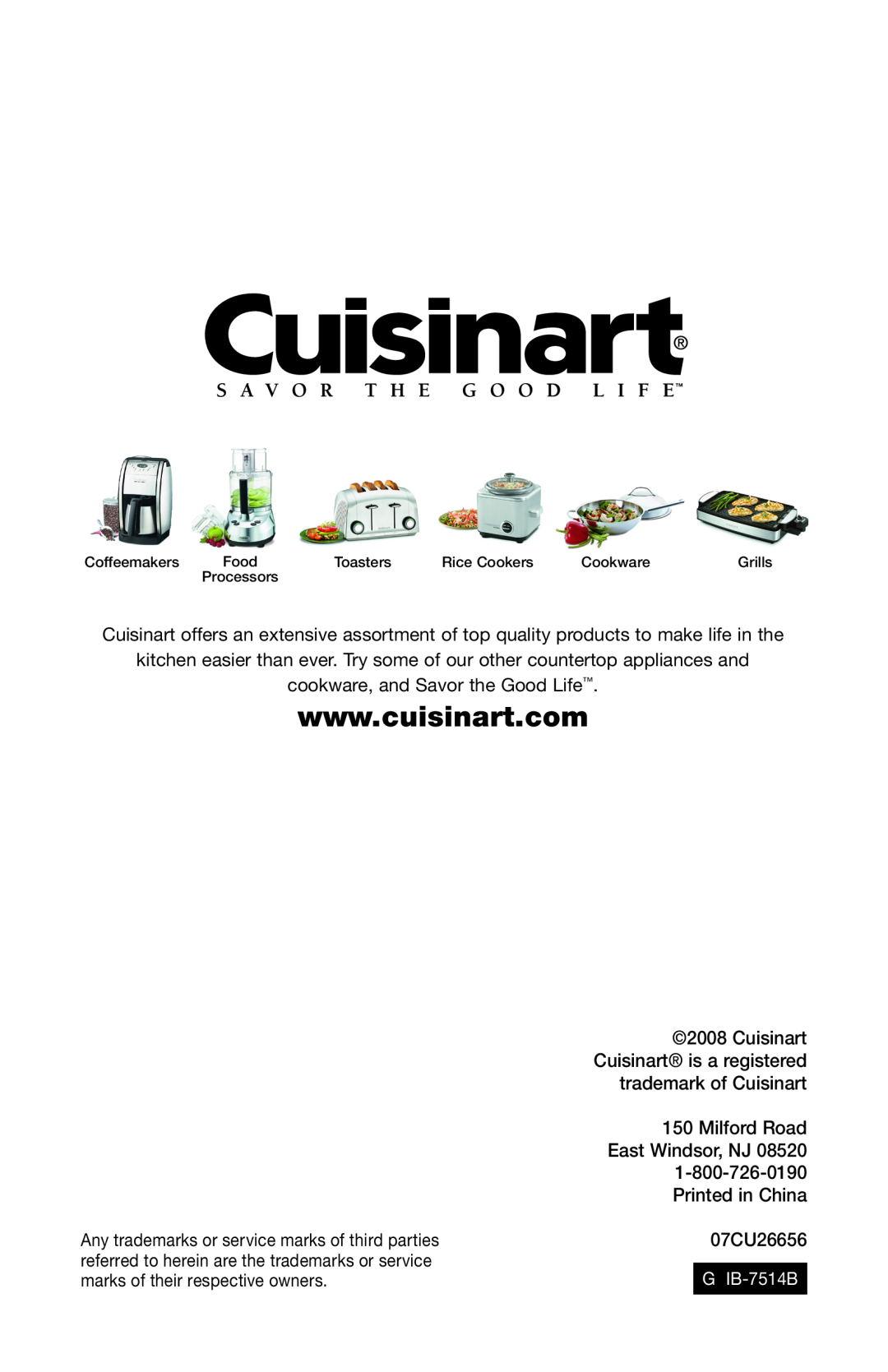 Cuisinart WCH-950 manual G IB-7514B 