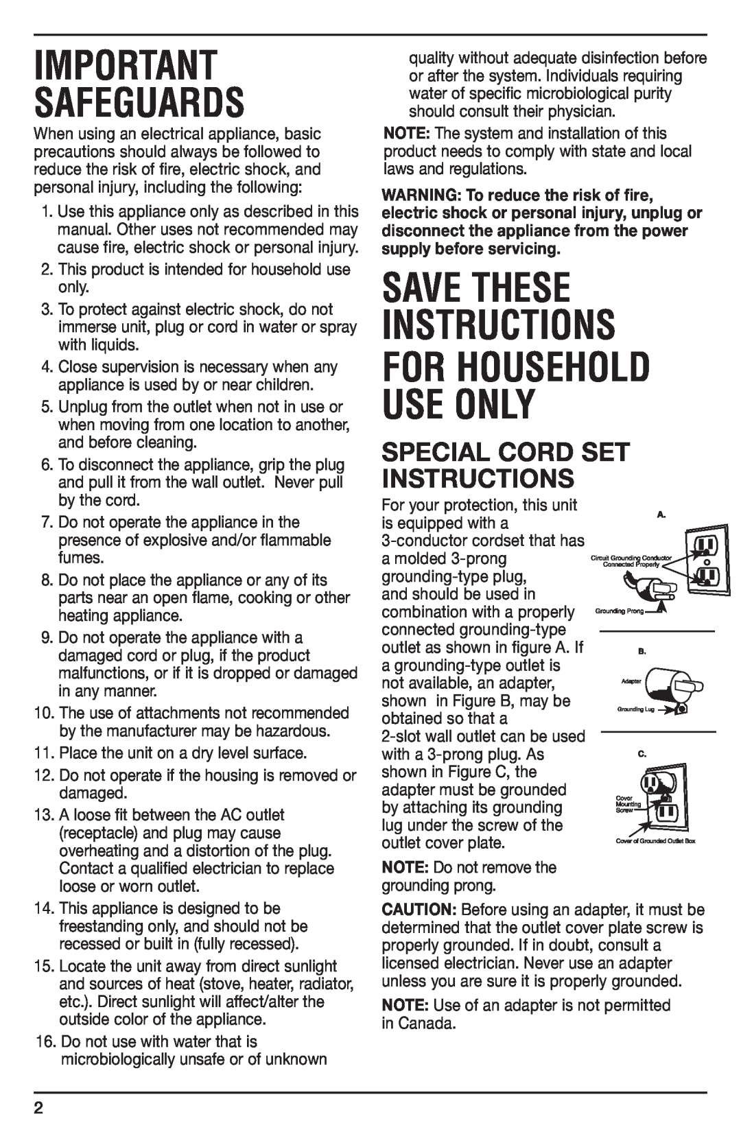 Cuisinart WCH-950 manual Special Cord Set Instructions, Safeguards, Save These Instructions For Household Use Only 