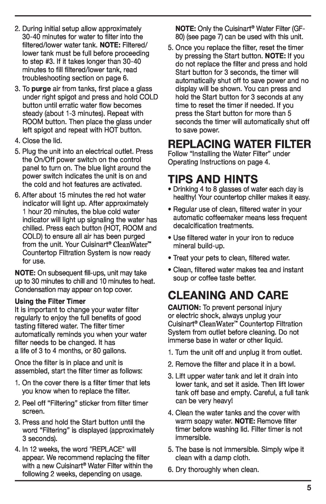 Cuisinart WCH-950 manual Tips And Hints, Cleaning And Care, Replacing Water Filter 