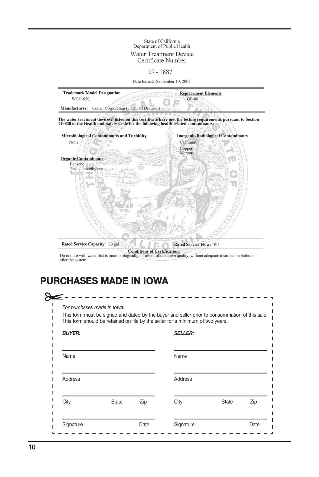 Cuisinart WCH-950 manual Purchases Made In Iowa, For purchases made in Iowa, Buyer:Seller 