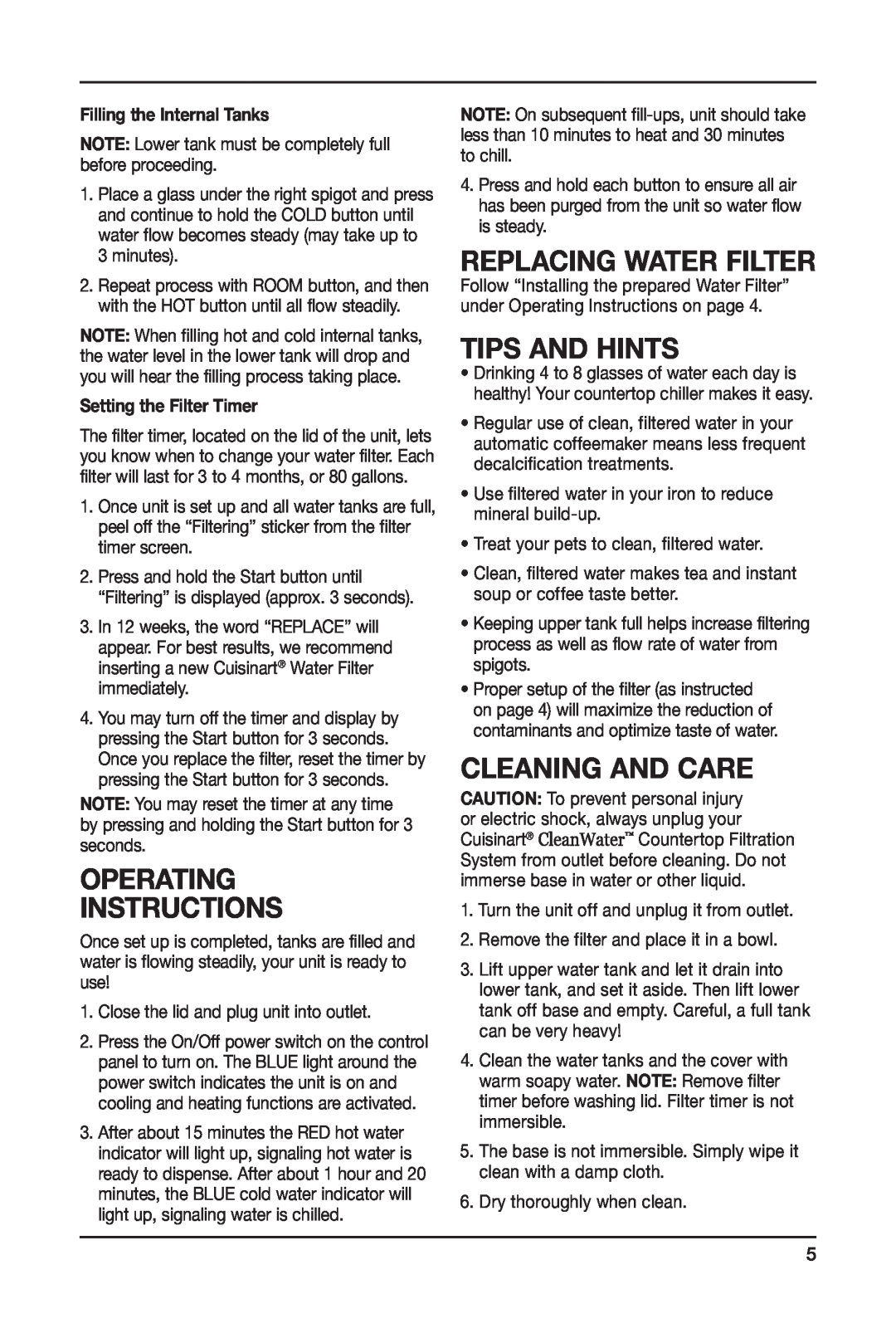 Cuisinart WCH-950 manual Operating Instructions, Tips And Hints, Cleaning And Care, Replacing Water Filter 