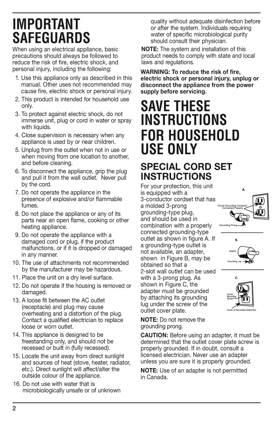 Cuisinart WCH-950C manual Special Cord SET Instructions, Obtained so that a 2-slot wall outlet can be used 