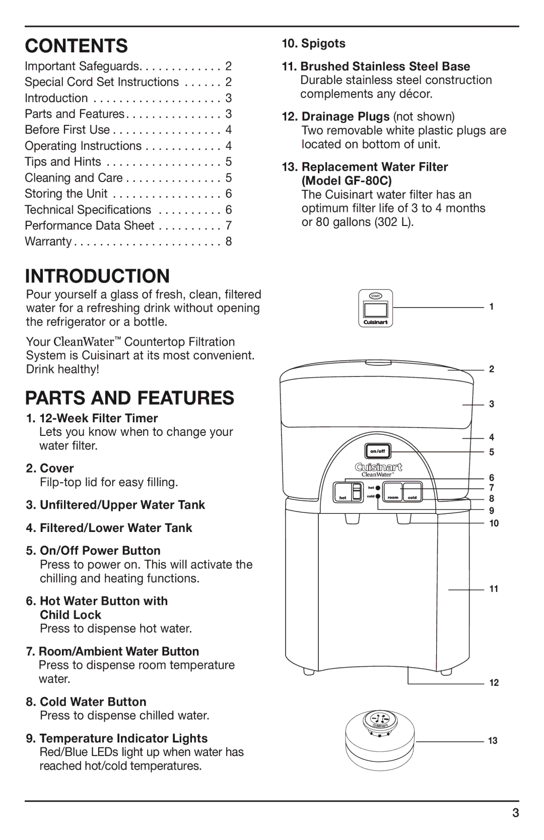 Cuisinart WCH-950C manual Contents, Introduction, Parts and Features 