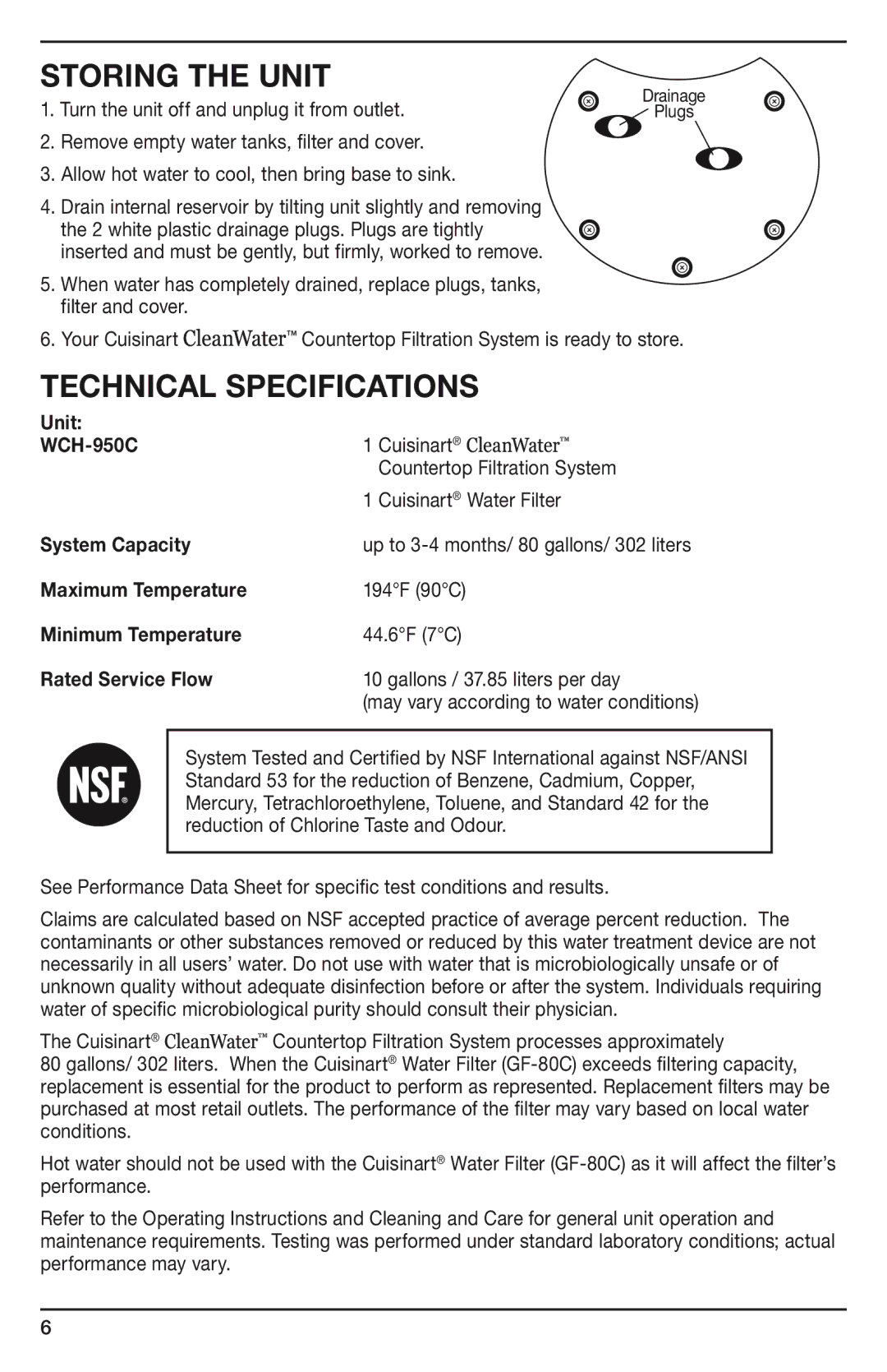 Cuisinart WCH-950C manual Storing the unit, Technical specifications 