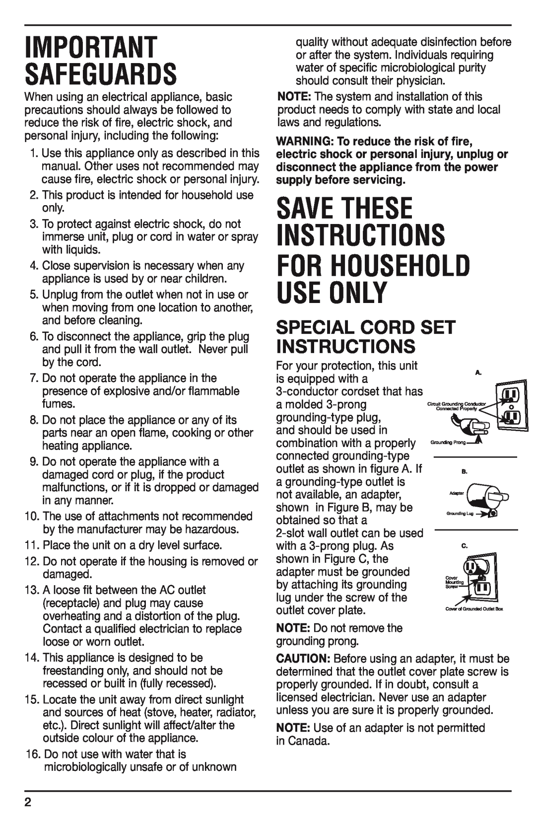 Cuisinart WCH-950C manual Special Cord Set Instructions, Safeguards, Save These Instructions For Household Use Only 