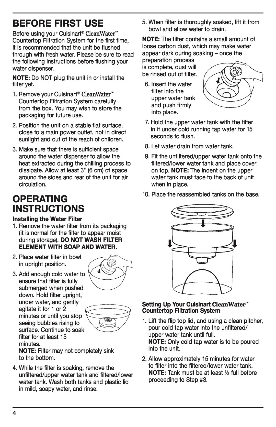 Cuisinart WCH-950C Before First Use, Operating Instructions, Installing the Water Filter, Element With Soap And Water 