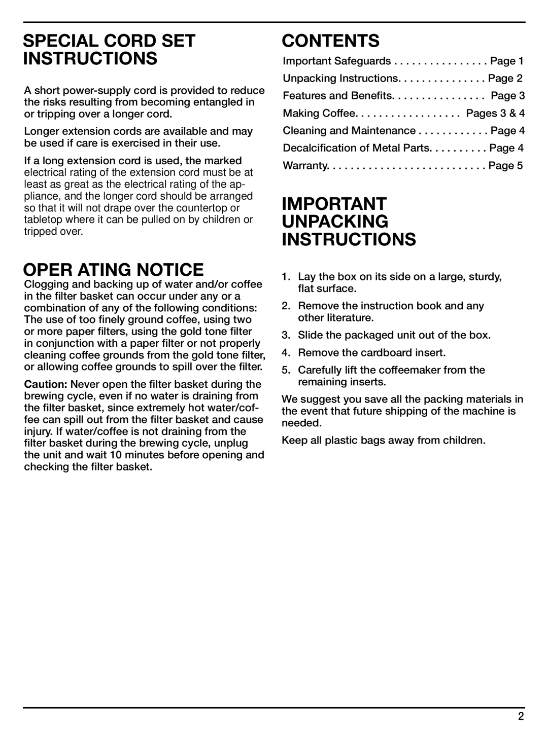 Cuisinart WCM-11SA manual Special Cord SET Instructions, Oper Ating Notice, Contents, Unpacking Instructions 