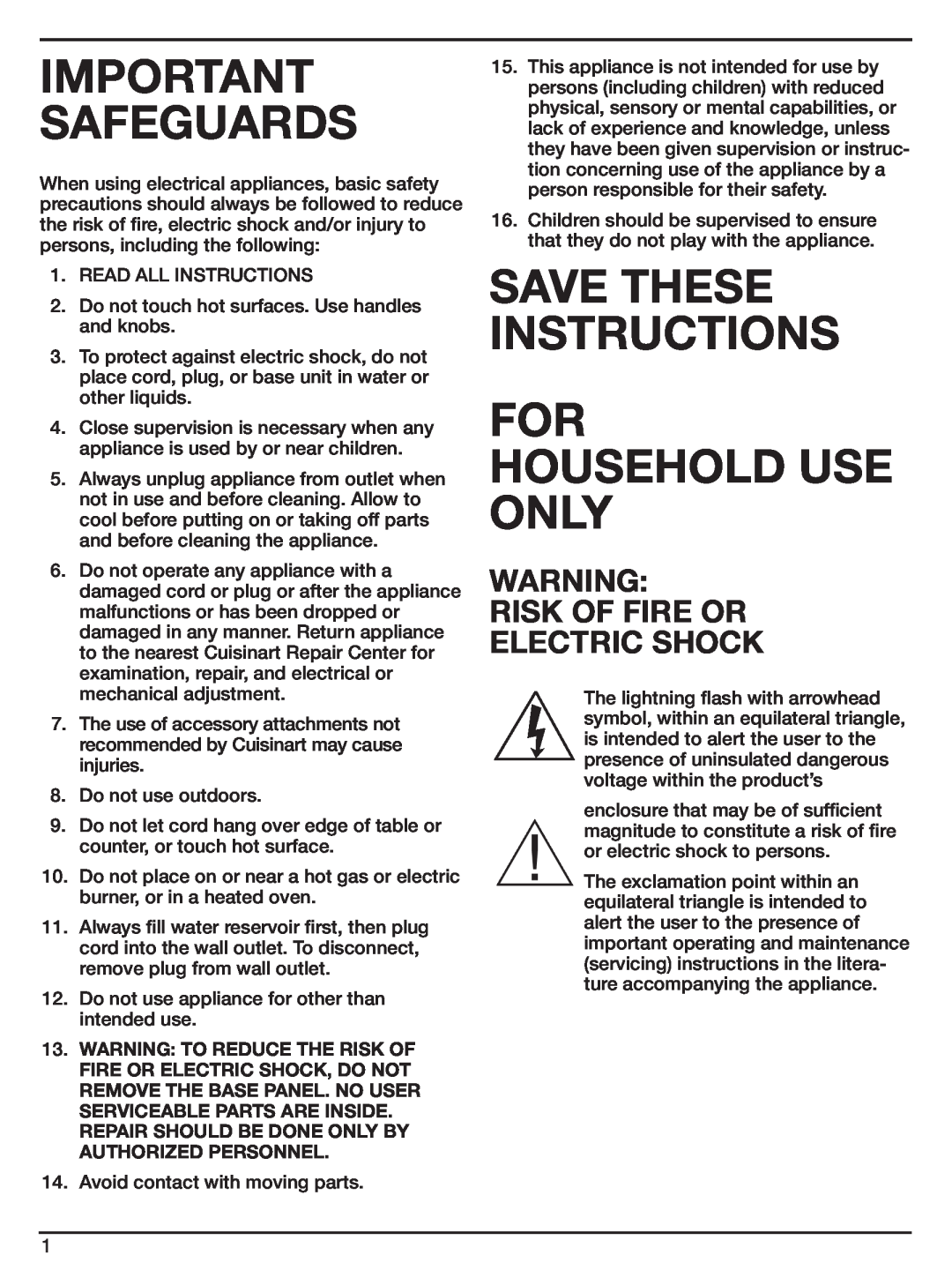 Cuisinart WCM-11SA RISK Of FIRE OR ELECTRIC SHOCK, Important Safeguards, SAVE THESE INSTRUCTIONS For HOUSEHOLD Use Only 