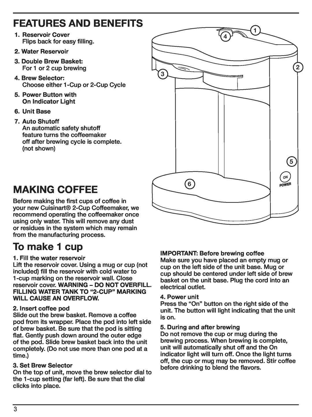 Cuisinart WCM-11SA Features And Benefits, Making Coffee, To make 1 cup, Reservoir Cover, Brew Selector, Insert coffee pod 