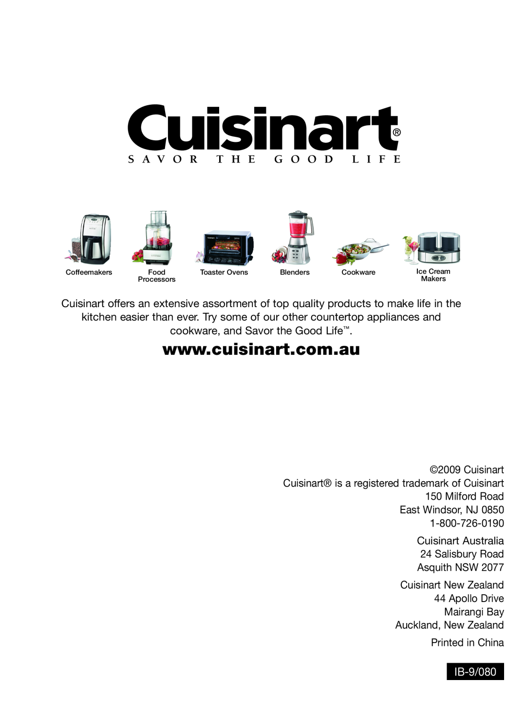 Cuisinart WCM-11SA manual cookware, and Savor the Good Life, IB-9/080 