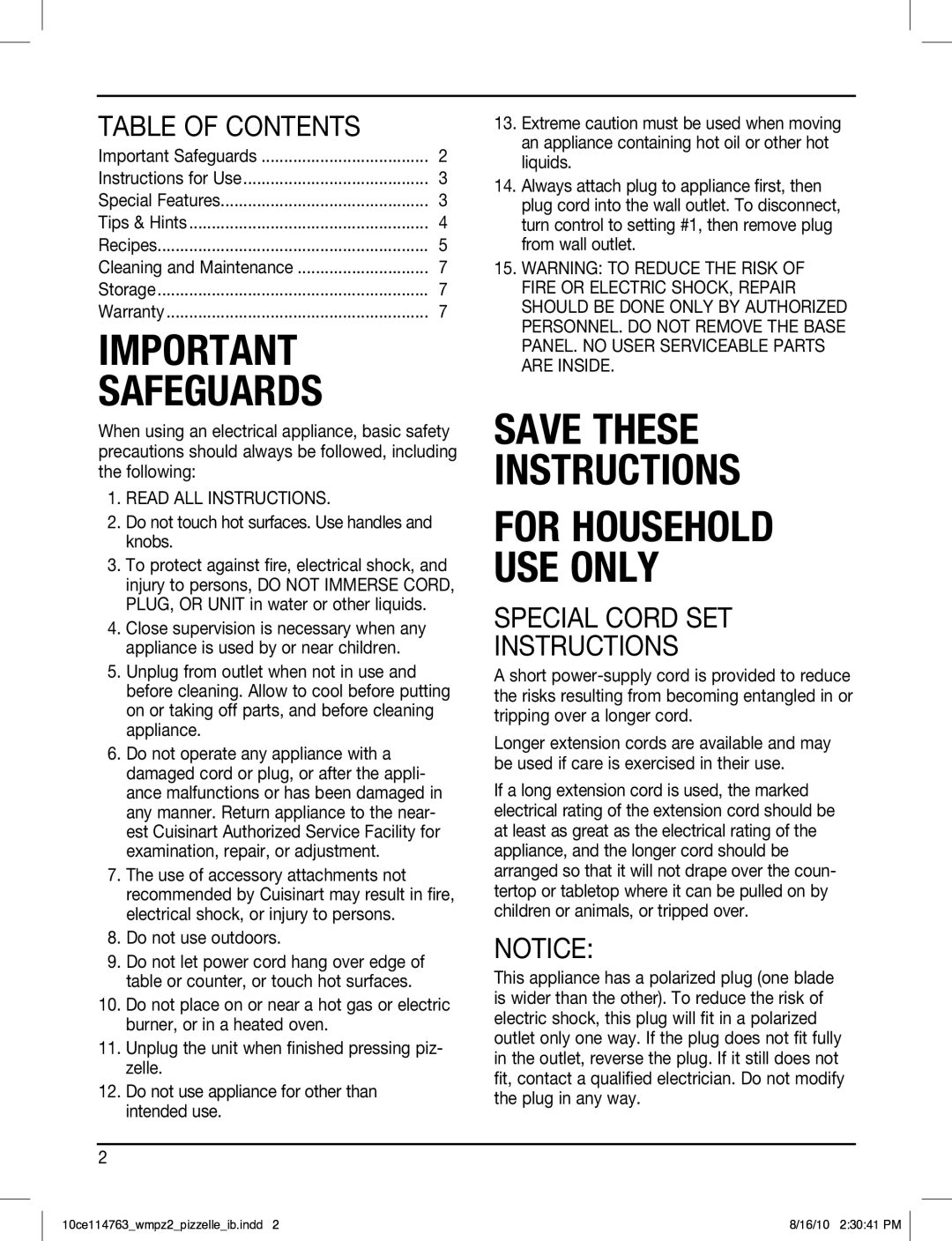 Cuisinart WM-PZ2 manual Table of Contents, Special Cord SET Instructions 