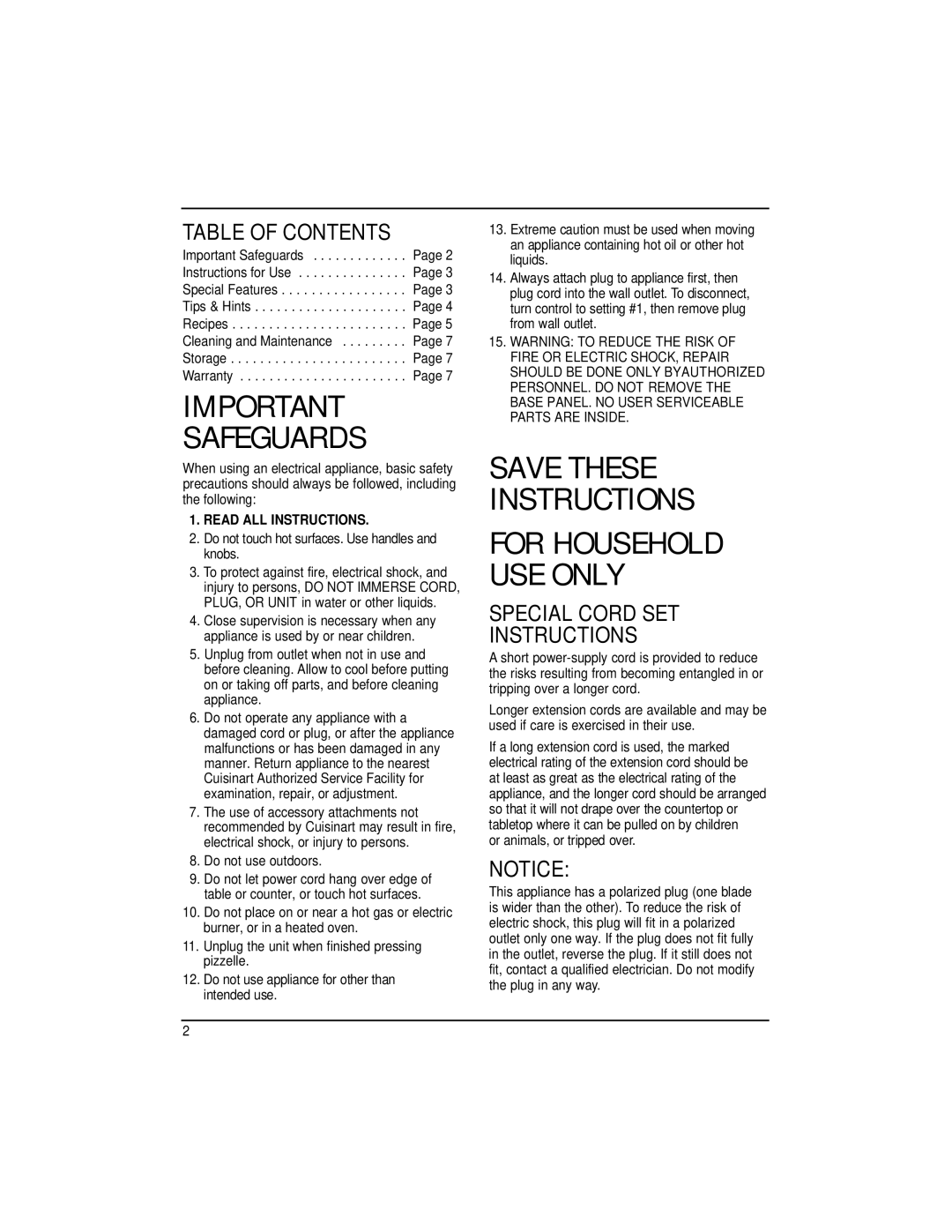 Cuisinart WM-PZ2 manual Table of Contents, Special Cord SET Instructions 