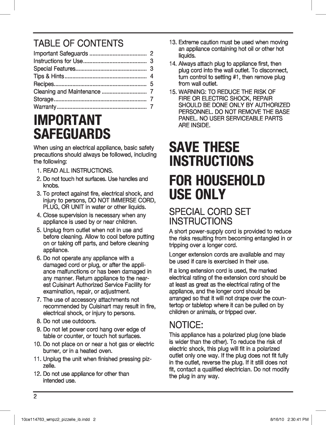 Cuisinart WM-PZ2 manual Table Of Contents, Special Cord Set Instructions, Safeguards, Save These Instructions 