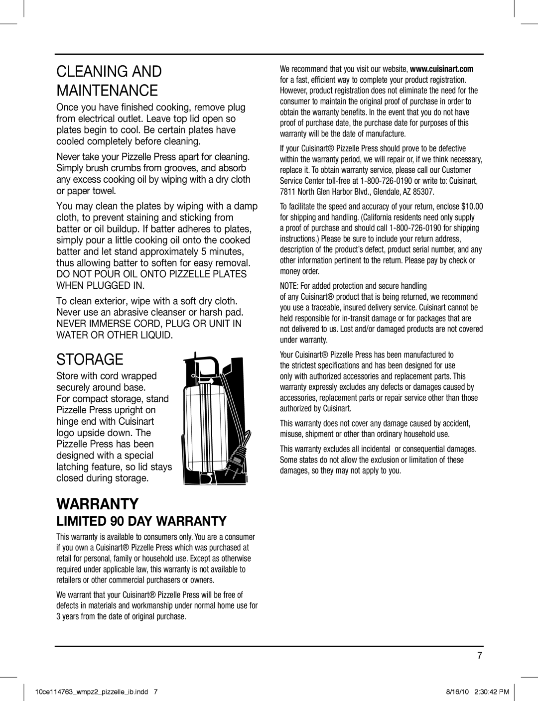 Cuisinart WM-PZ2 manual Cleaning And Maintenance, Storage, Warranty, LIMITED 90 DAY WARRANTY 