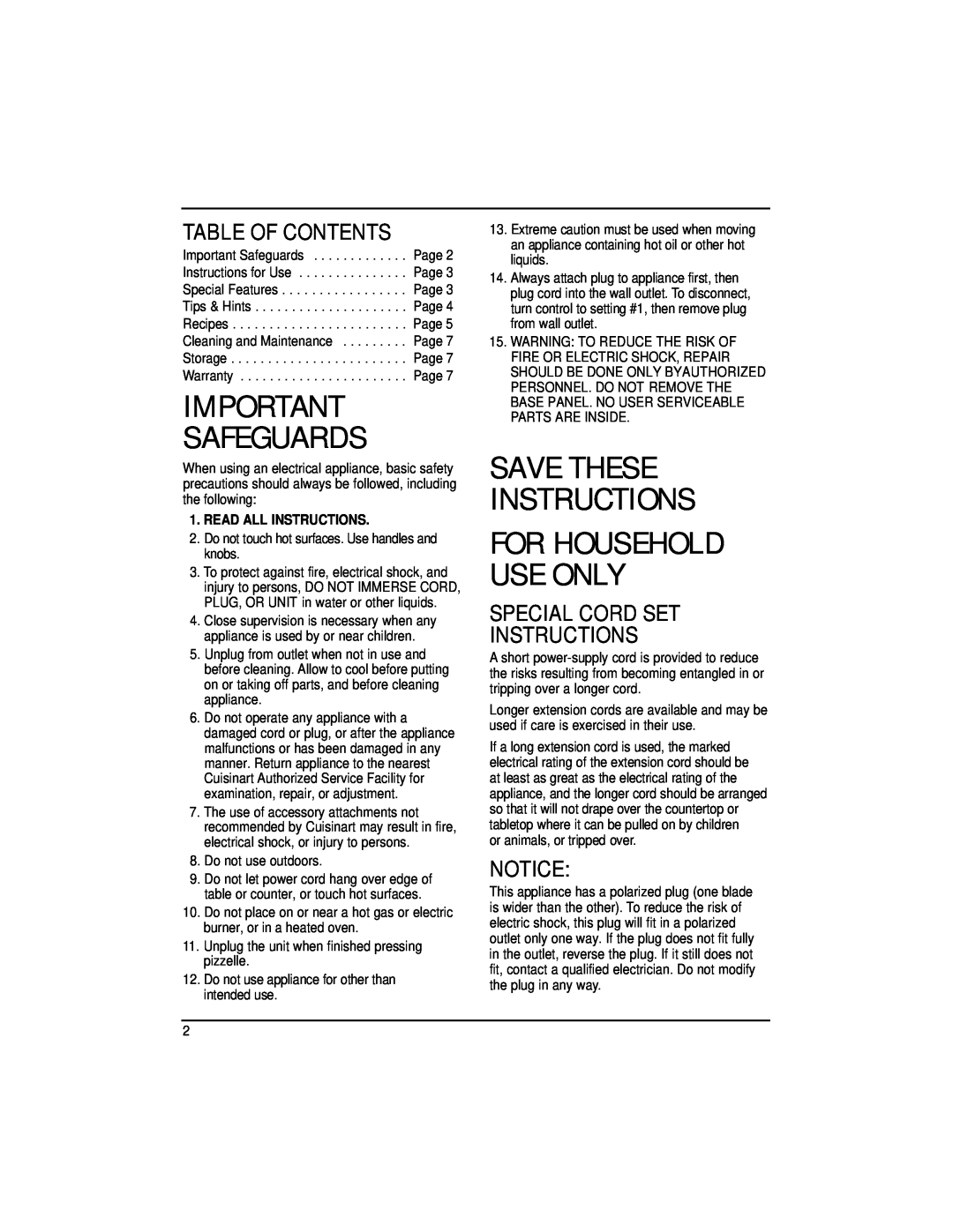 Cuisinart WM-PZ2 manual Table Of Contents, Special Cord Set Instructions, Safeguards, Save These Instructions 