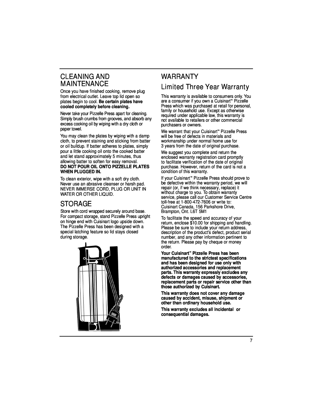 Cuisinart WM-PZ2 manual Cleaning And Maintenance, Storage, WARRANTY Limited Three Year Warranty 