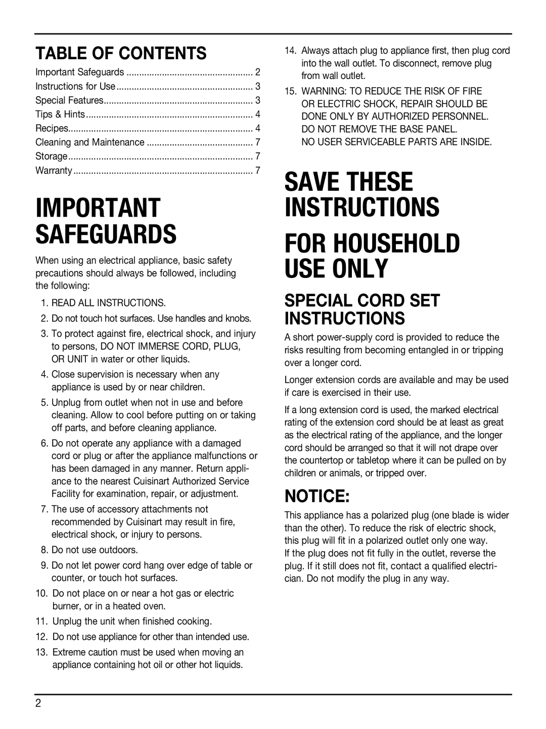 Cuisinart WM-SW2 manual Table of Contents, Special Cord SET Instructions 