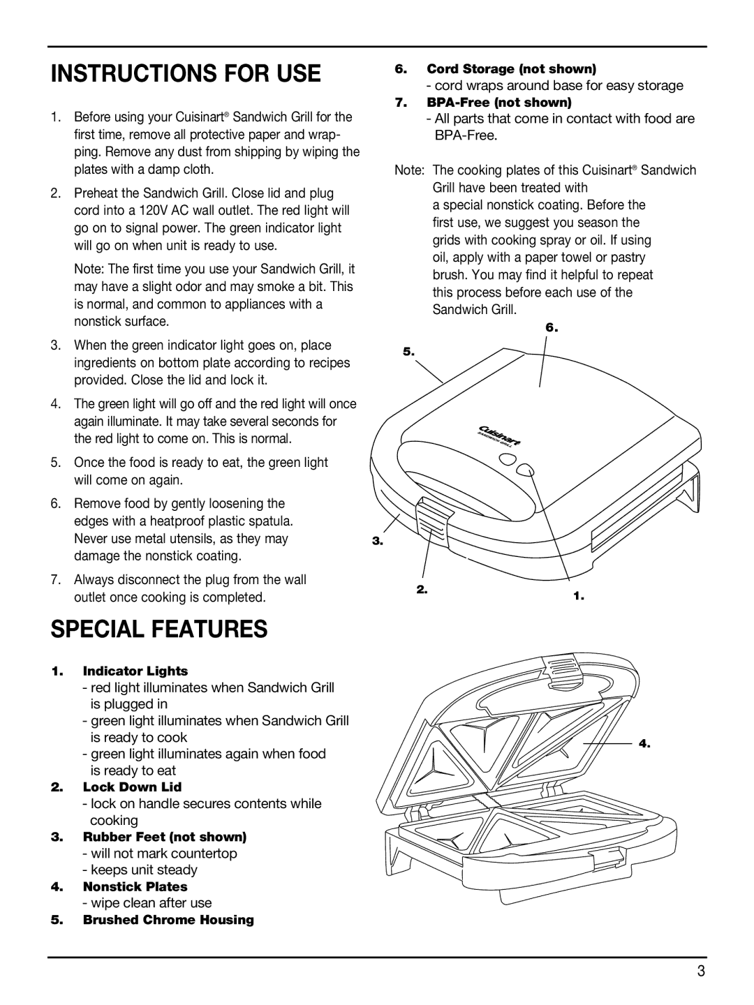 Cuisinart WM-SW2 manual Instructions for USE, Special Features, Cord wraps around base for easy storage 