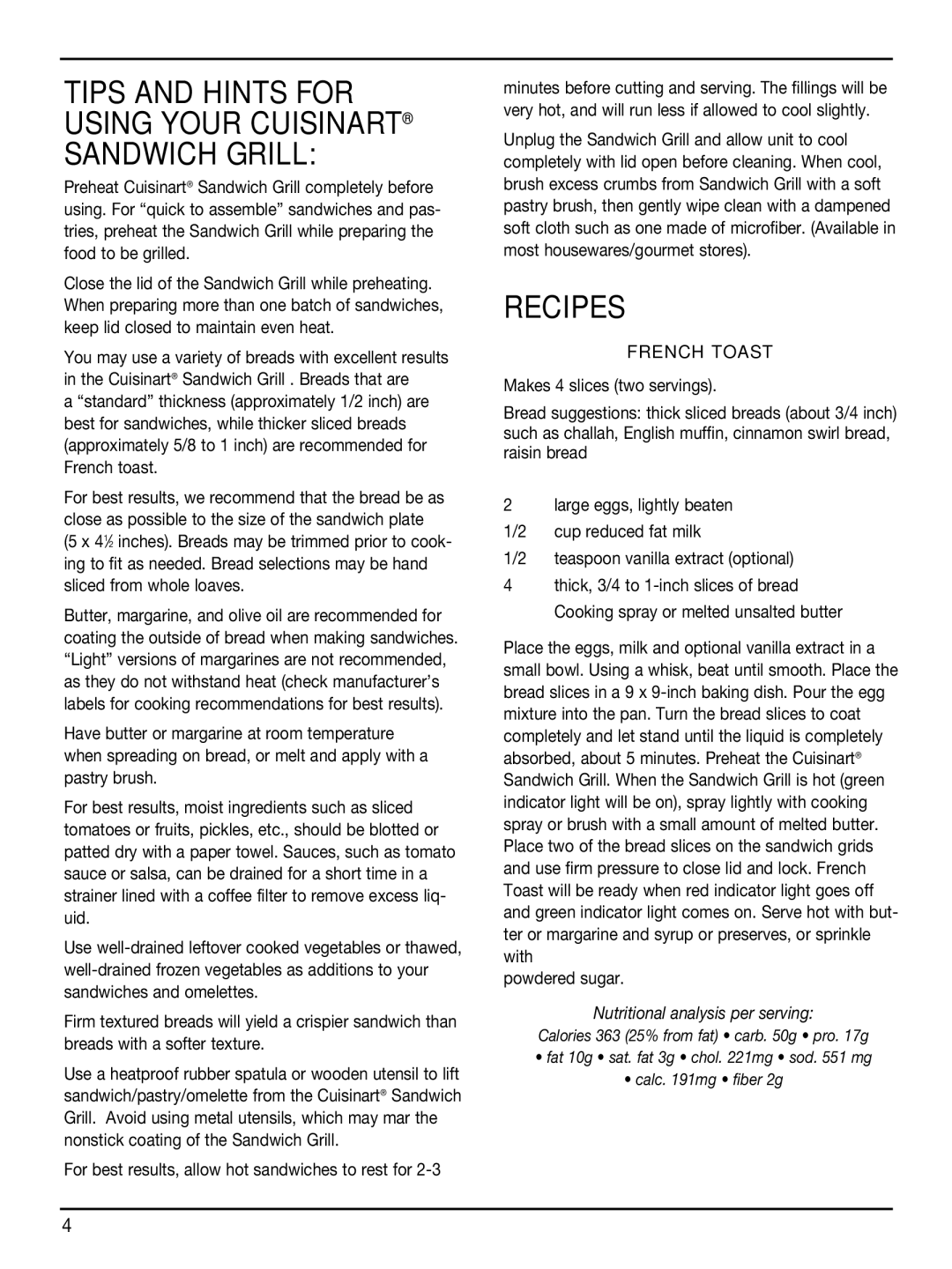 Cuisinart WM-SW2 manual Recipes, For best results, allow hot sandwiches to rest for, French Toast, Powdered sugar 