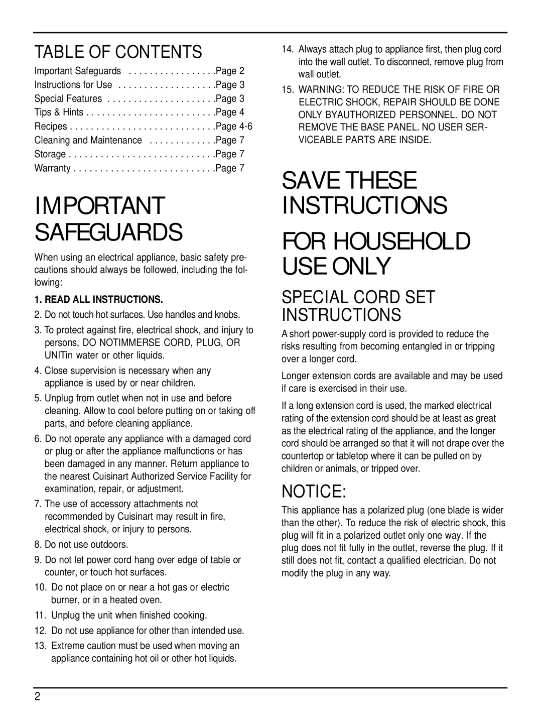 Cuisinart WM-SW2C manual Table of Contents, Special Cord SET Instructions 