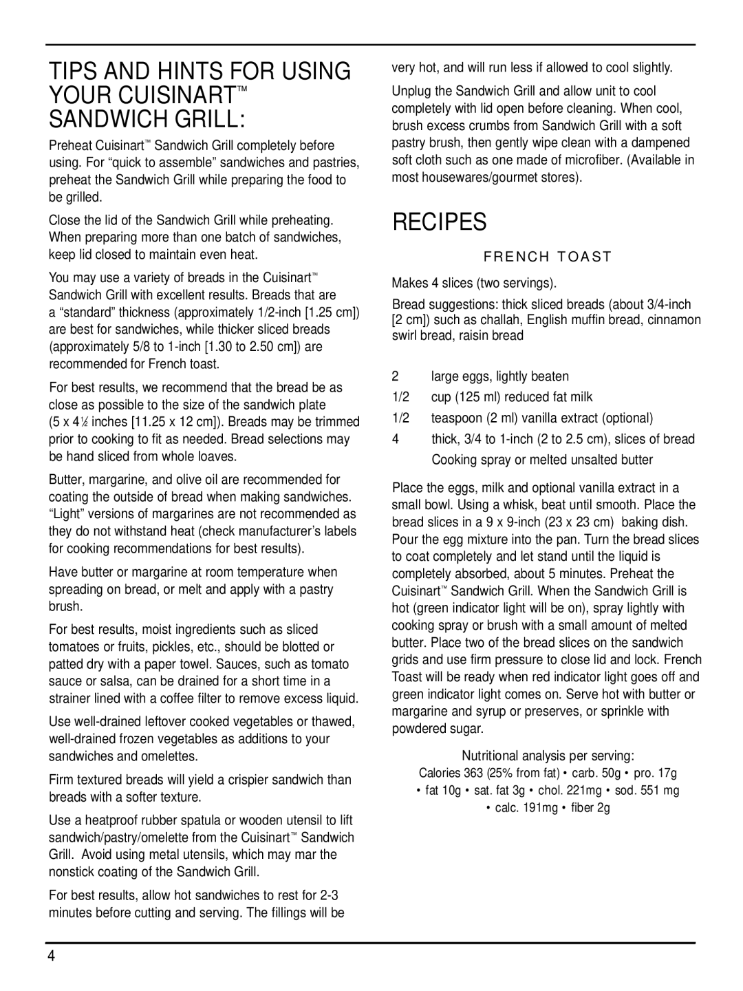 Cuisinart WM-SW2C manual Tips and Hints for Using Your Cuisinart Sandwich Grill, Recipes, French Toast 