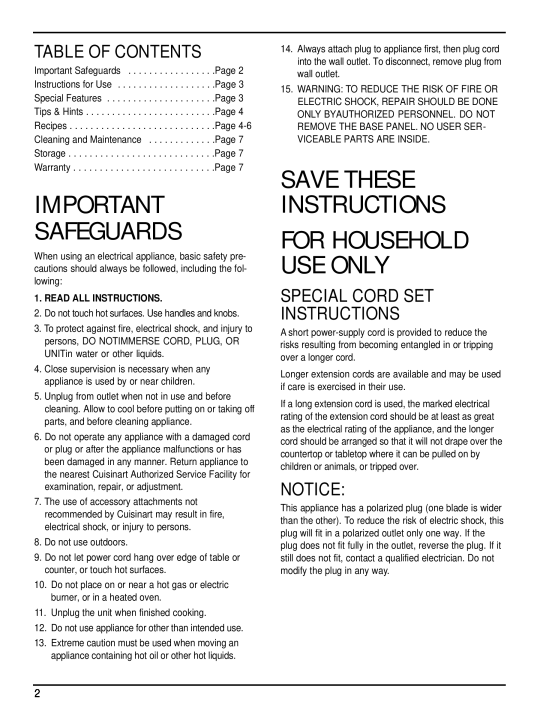 Cuisinart WM-SW2C manual Table Of Contents, Special Cord Set Instructions, Safeguards, Save These Instructions 