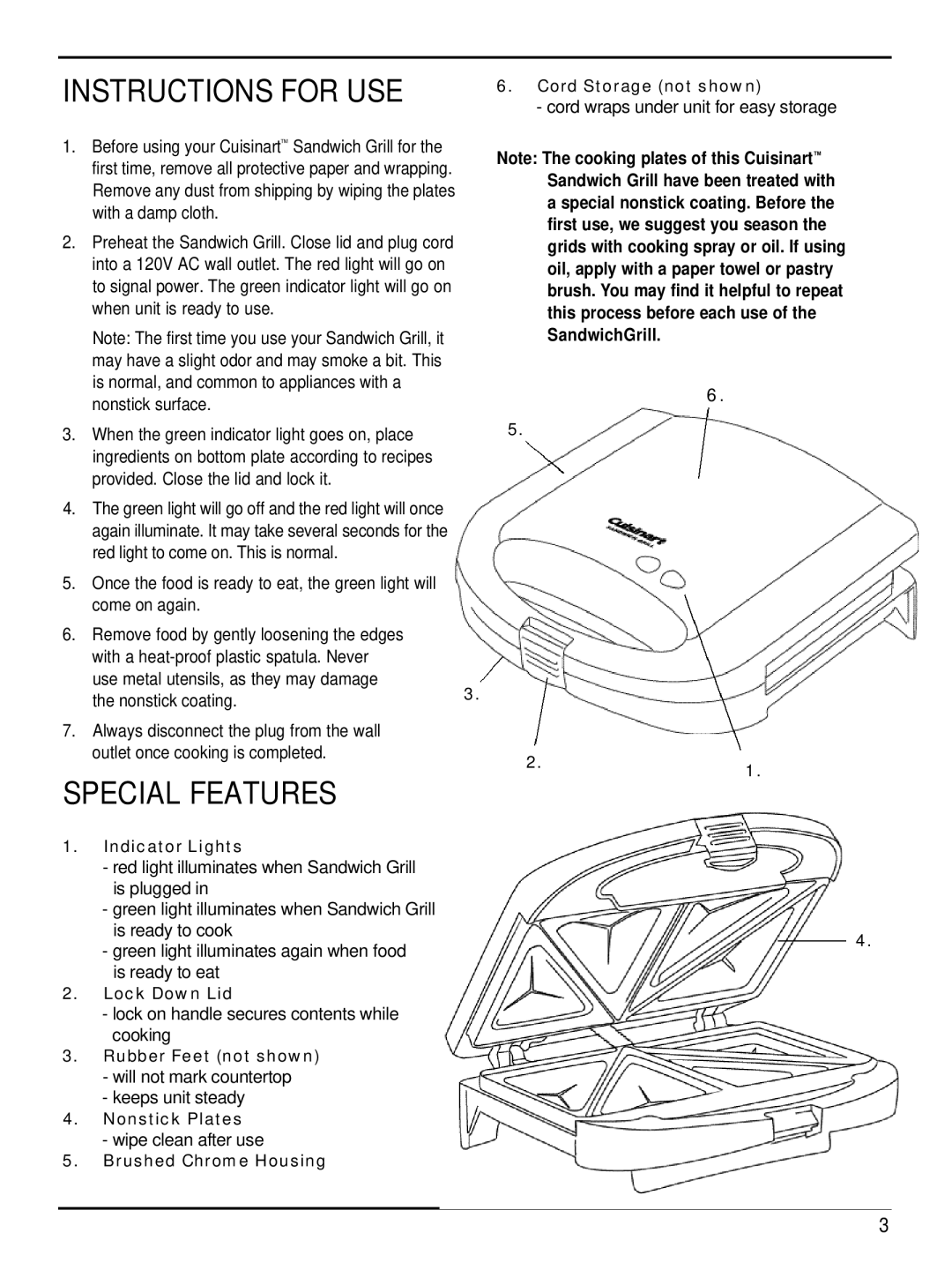 Cuisinart WM-SW2C manual Instructions For Use, Special Features, SandwichGrill 