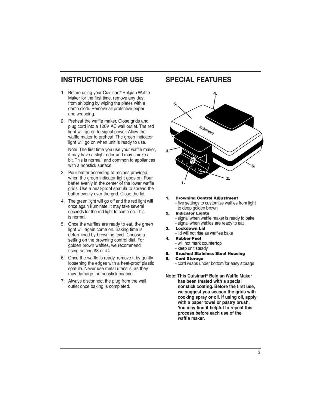 Cuisinart WMB-2A manual Instructions for USE, Special Features, Lid will not rise as waffles bake 