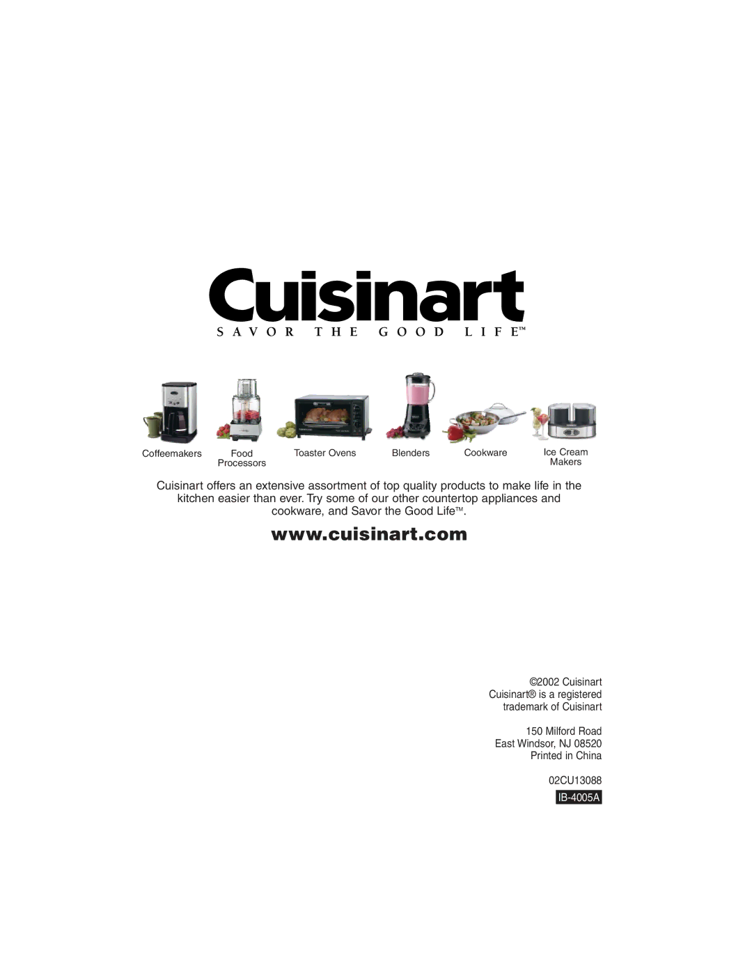 Cuisinart WMB-2A manual Milford Road East Windsor, NJ 02CU13088 