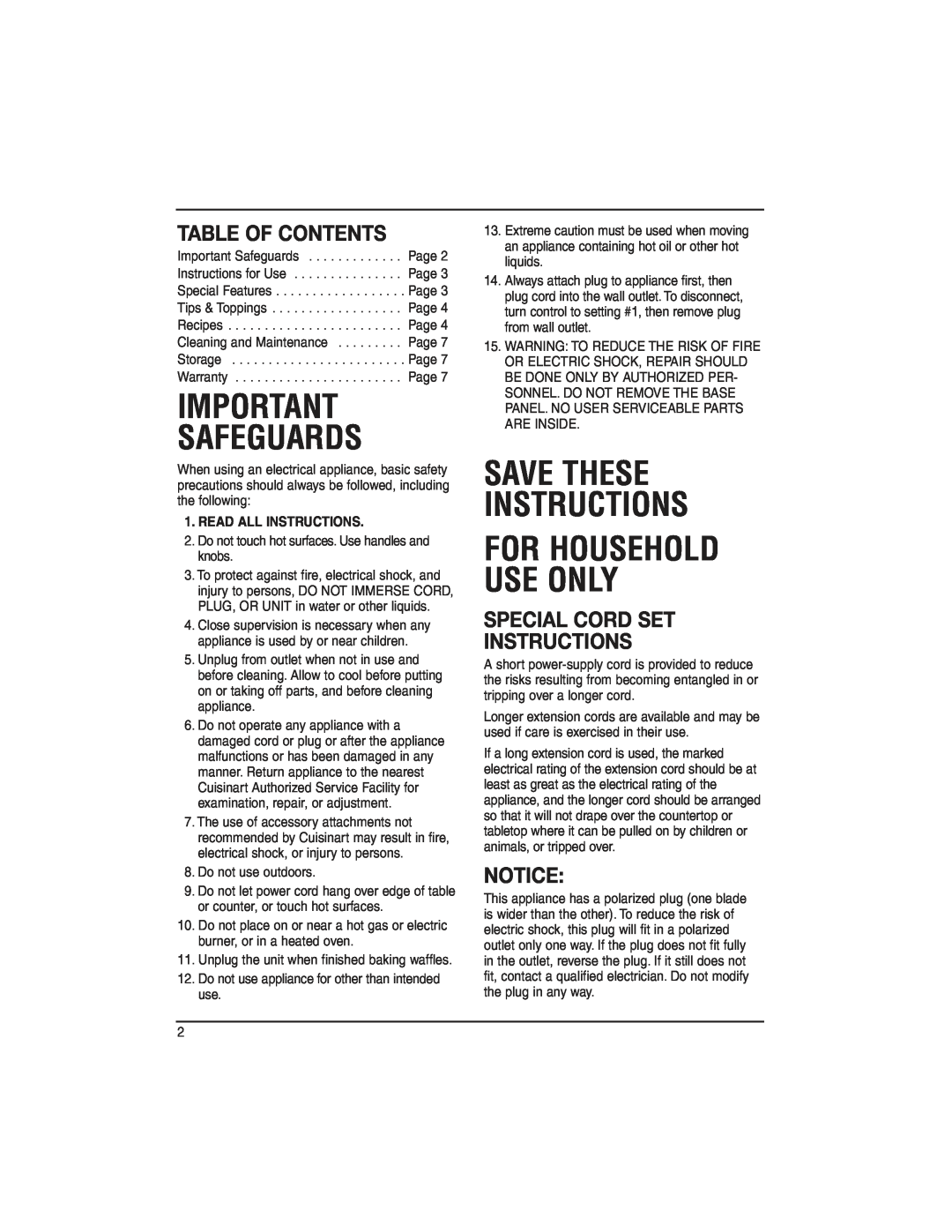 Cuisinart WMB-2A manual Table Of Contents, Special Cord Set Instructions, Safeguards, Save These Instructions 