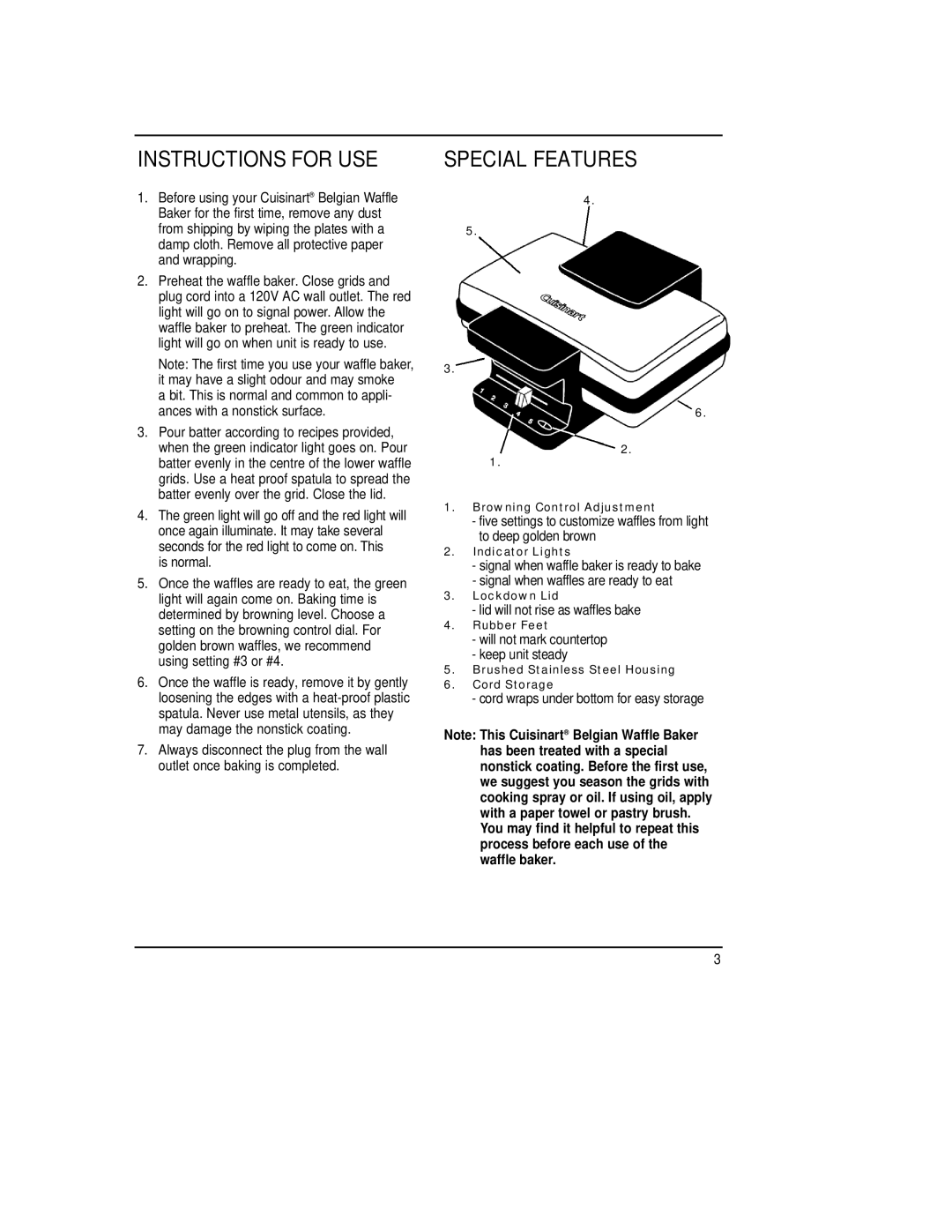 Cuisinart WMB-2AC manual Instructions for USE, Special Features, Lid will not rise as waffles bake 