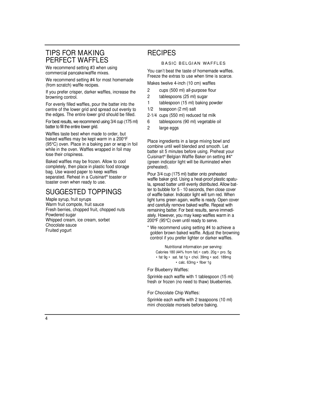 Cuisinart WMB-2AC manual Tips for Making Perfect Waffles, Suggested Toppings, Recipes, For Blueberry Waffles 