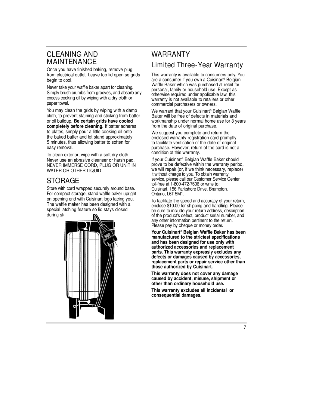 Cuisinart WMB-2AC manual Cleaning Maintenance, Storage, Warranty, Minutes, thus allowing batter to soften for easy removal 