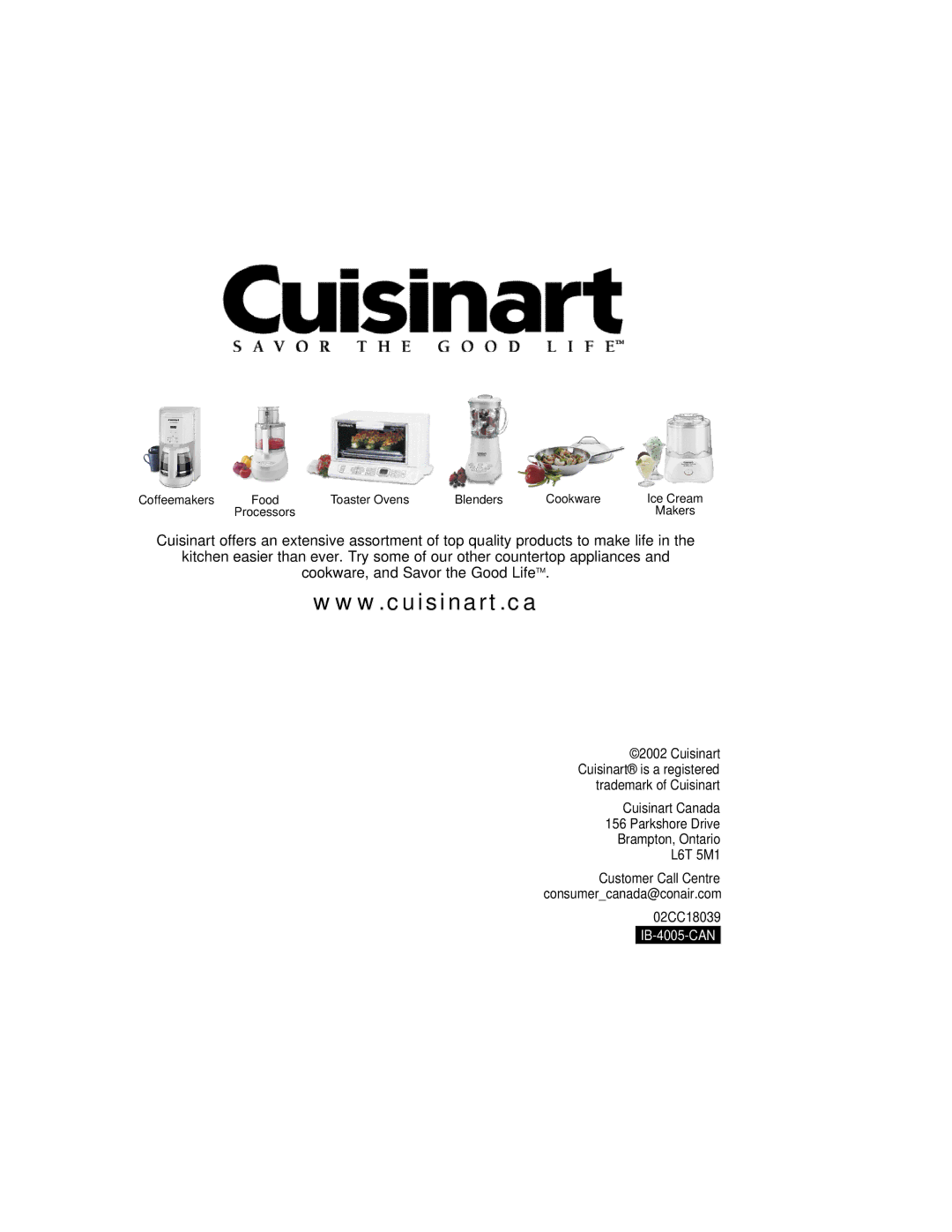 Cuisinart WMB-2AC manual Cuisinart Canada Parkshore Drive Brampton, Ontario L6T 5M1, 02CC18039 