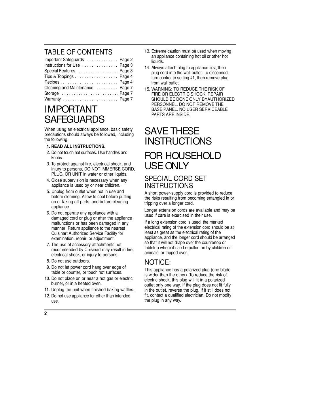 Cuisinart WMB-2AC manual Table Of Contents, Special Cord Set Instructions, Safeguards, Save These Instructions 