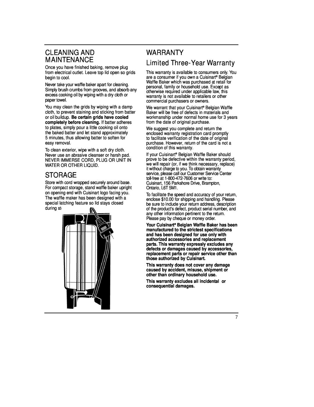 Cuisinart WMB-2AC manual Cleaning And Maintenance, Storage, WARRANTY Limited Three-YearWarranty 