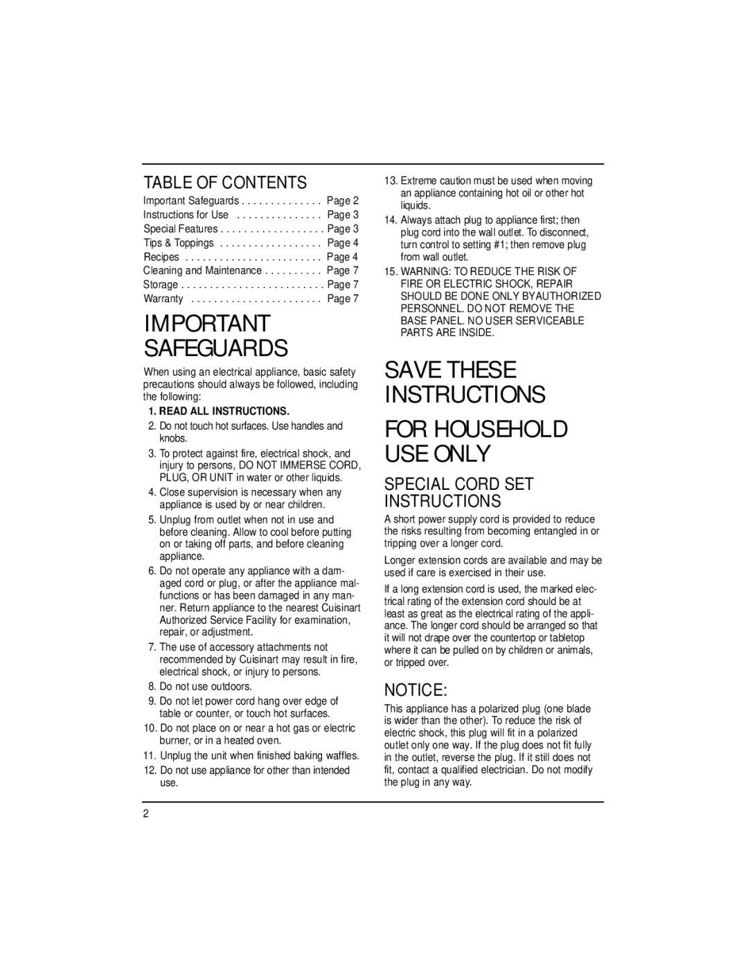 Cuisinart WMB-4A manual Table of Contents, Special Cord SET Instructions 