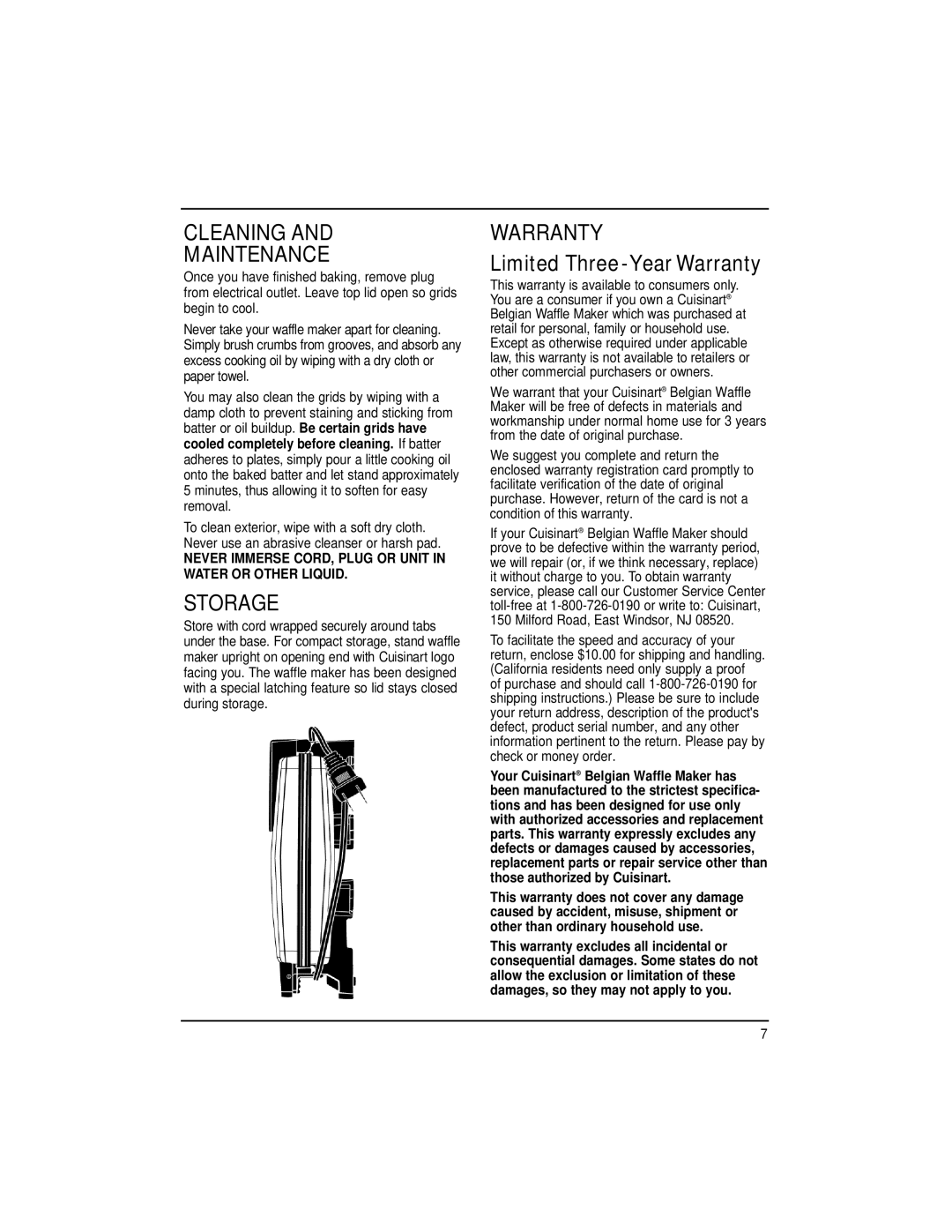 Cuisinart WMB-4A manual Cleaning Maintenance, Storage, Warranty 